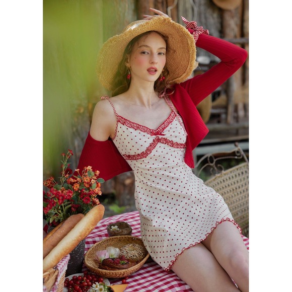 Lacemade Dresses & Skirts - Lacemade Cheryl Mini Dress Red Polka Dot Pointelle Knit Coquette White Size S